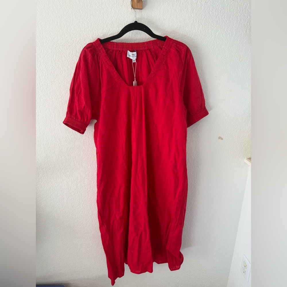Red V-Neck Midi Dress with Puff Sleeves